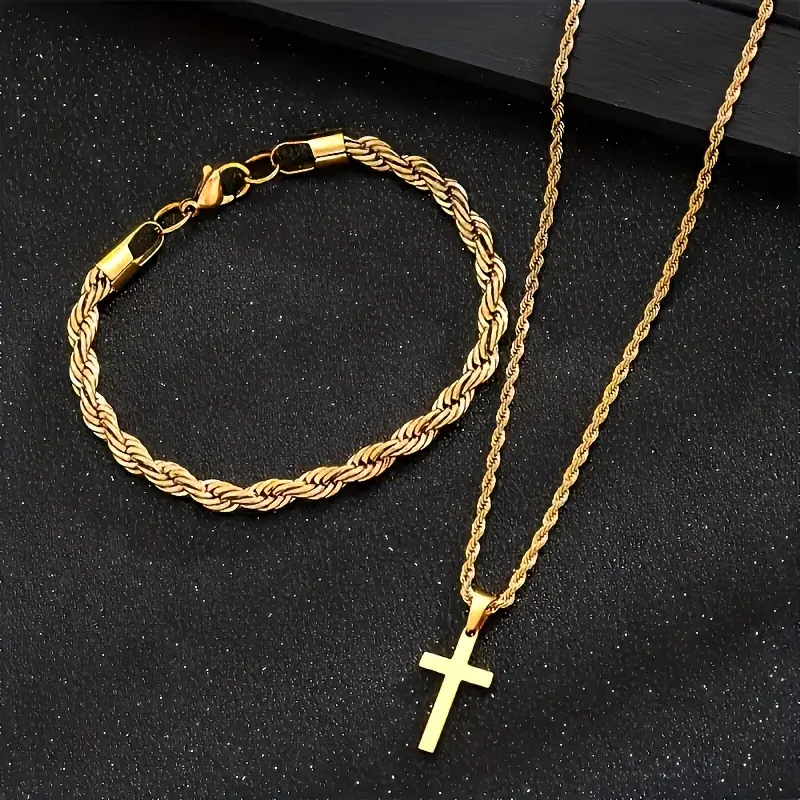 2 pieces of fashionable cross pendant necklaces and twisted chain bracelets, casual style, decorative, unisex jewelry, Valentine's Day gift