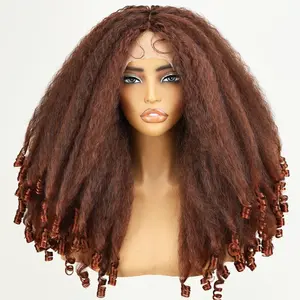 Afro Curly Lace Front Wig Synthetic Copper Reddish T Part 20 Inch Crimp to Curl Kinky Straight with Curly Ends Pre-Plucked with Baby Hair Transparent Swiss Lace Yaki Texture Ginger Wigs for Women