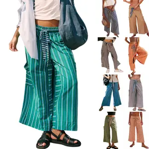 Naeduo Women's Drawstring Striped Pants Loose Wide Leg Lounge Trousers with Pockets Casual Palazzo Style for Summer Vacation Wear