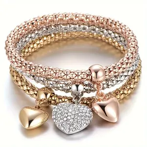 Women's 3Pcs Gold Silver Rose Gold Bracelet Set Tree of Life Heart Elastic Banquet Jewelry