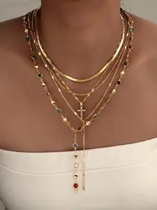 Women's Multi-Layer Cross Necklace Set, 5-Piece Rhinestone Y-Shaped Tassel Pendant, Bohemian Layered Jewelry for Parties and Daily Wear Layered Necklaces