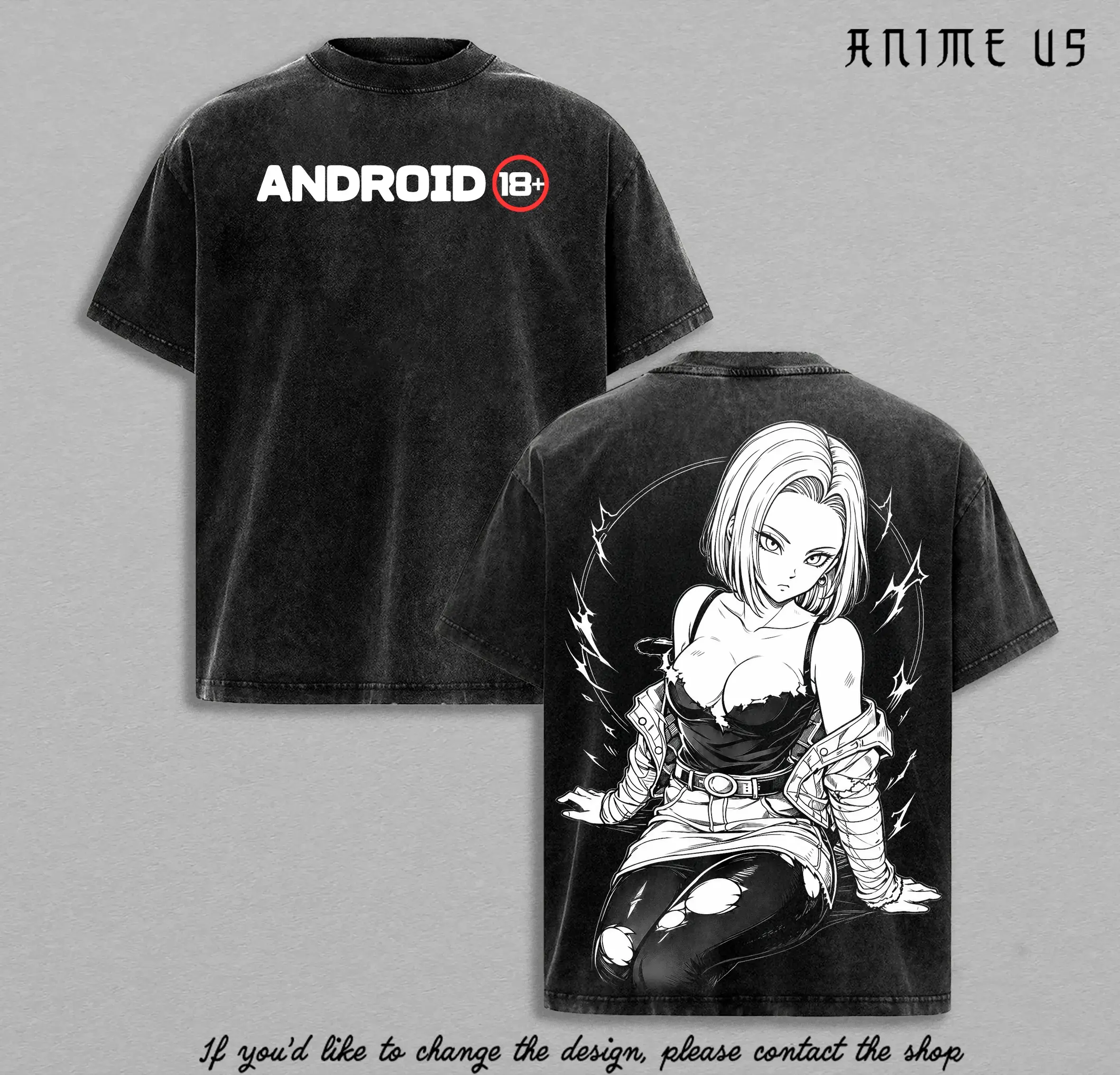 Men's Android 18 DBZ Anime Classic Ribbed Seamless Short-Sleeve Tshirt, Vintage Washed Heavy Cotton Oversized Streetwear, Japanese Manga Otaku Cosplay Retro Premium Everyday Top, Fan Gift, Shortsleeve