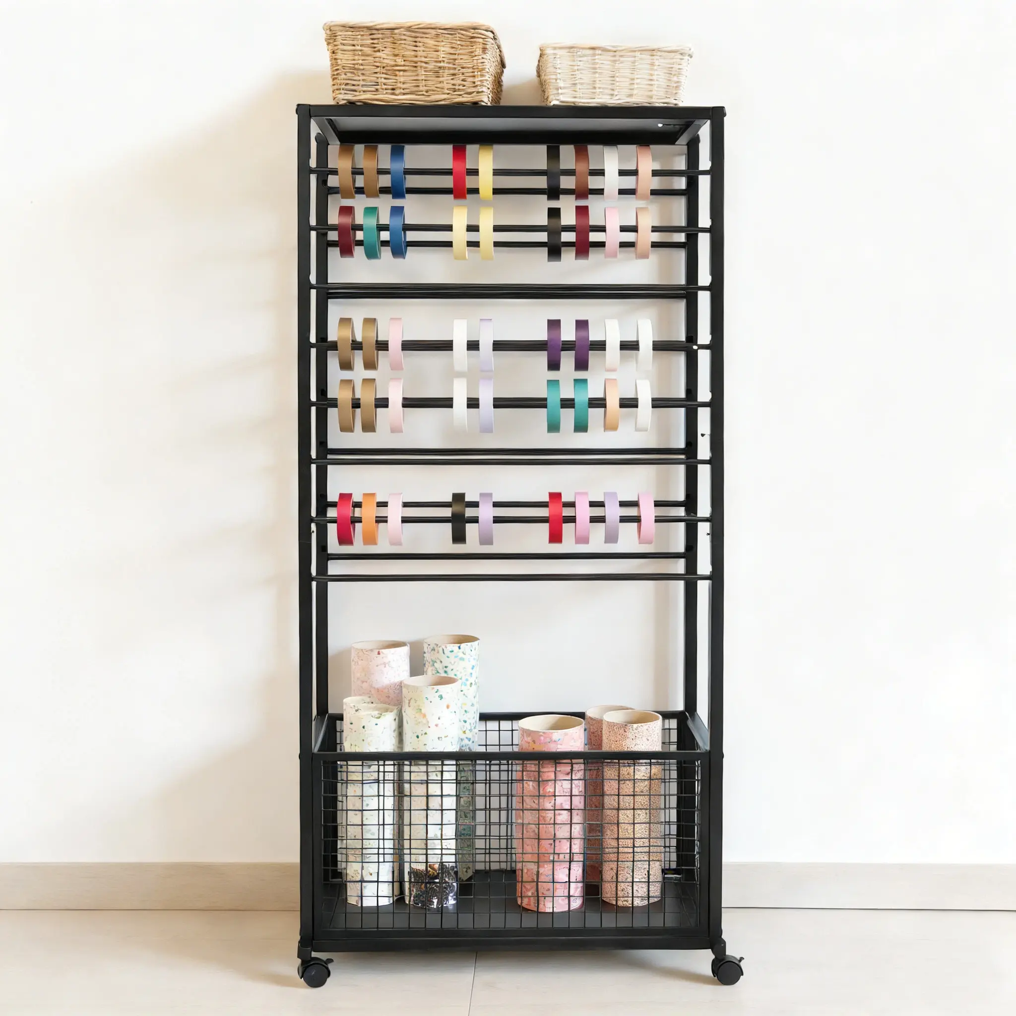 CNCEST 16-Tier Double-Sided Rectangle Ribbon Organiser with Adjustable Metal Racks, Lockable Wheels, Display Storage Rack, 67*32*150cm Rolling Holder for Wrapping Paper, Fabrics (Home Storage Solution)