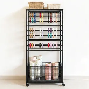 CNCEST 16-Tier Double Sided Ribbon Organizer Rack with Locking Wheels - Adjustable Rolling Craft Storage for Wrapping Paper, Fabrics & Scarf Display