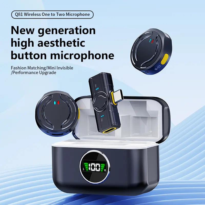 Q81 Dark Blue Chargeable Wireless Lavalier Microphone with Charging Case for iPhone, iPad, Android Smartphones – Noise-Reducing Audio Recording Device, Smartphone, Portable