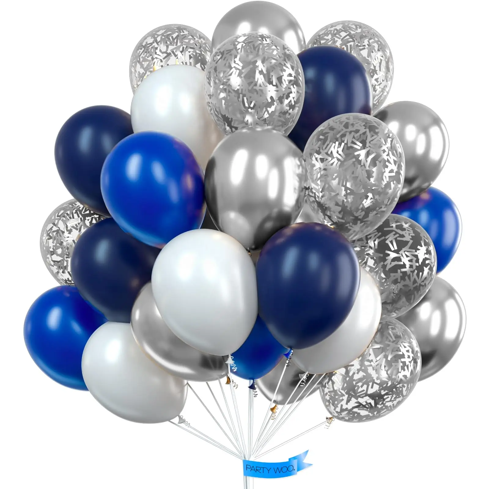 PartyWoo 100-Pack 12-in Pearl Balloon Arch Kit - Navy, Royal Blue, White, Metallic Silver Confetti Balloons, Hand-Operated Pump, Helium-Floatable for Birthday, Baby Shower Parties Decorations, 12 Inch, Round