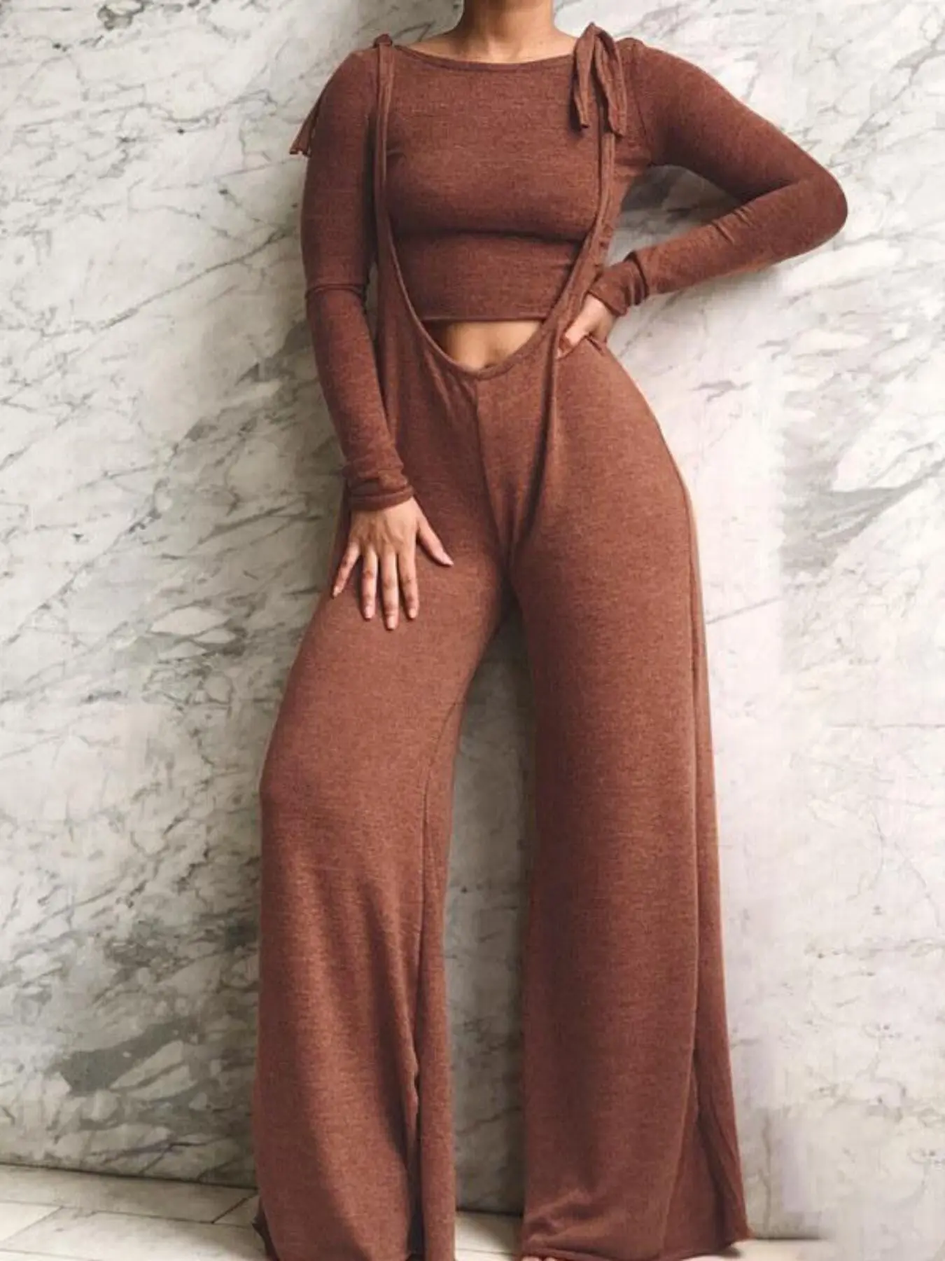 MOTIONKILLER Women's 2-Piece Comfy Sets, Casual Long Sleeve Boat Neck Crop Top with Stretchy Wide Tie-Strap Overalls, Straps, Basic, Clothes