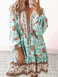 Women's Boho Bohemian Vacation Dress, Casual Wear, Floral Print V-Neck Long Sleeve, Button Decor, Elastic Waist A-Line, Loose Fit, Suitable for All Seasons