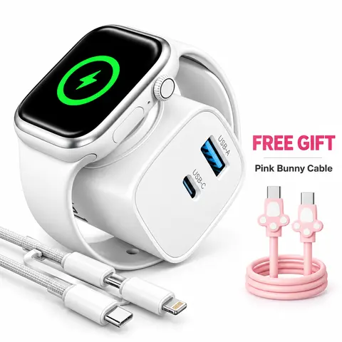 3-in-1 Compact Portable Travel Charger (Smartwatch Accessories, Wearable Tech Accessories), Built-in Magnetic Charger, USB-C & USB-A Dual-Port Fast Charging Adapter, 2-in-1 Cable for Smart Devices (Electronic Gadgets)
