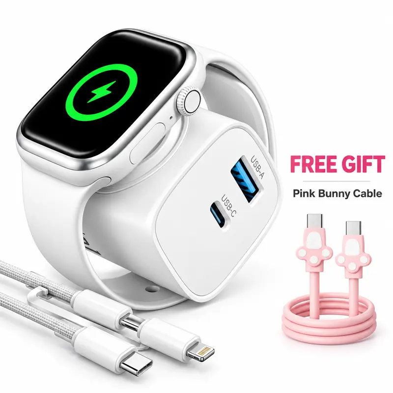 3-in-1 Compact Portable Travel Charger (Smartwatch Accessories, Wearable Tech Accessories), Built-in Magnetic Charger, USB-C & USB-A Dual-Port Fast Charging Adapter, 2-in-1 Cable for Smart Devices (Electronic Gadgets)