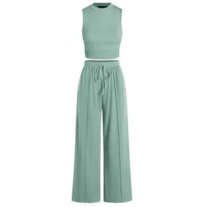 Women's Summer Ribbed Knit Crew Neck Sleeveless Cropped Top & Wide Leg Pants 2-Piece Lounge Set - Ideal for Outdoor Fun, Fits Women's 2 Piece Sets Needs, Women 2 Piece Sets