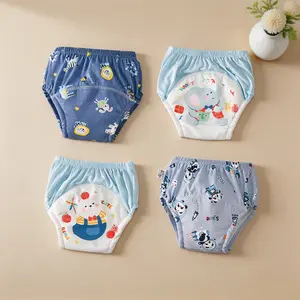 4pcs Newborn Baby Training Pants, Blue Cute Cartoon Design, Soft Breathable, Washable Reusable, Diaper Alternative for Potty Training
