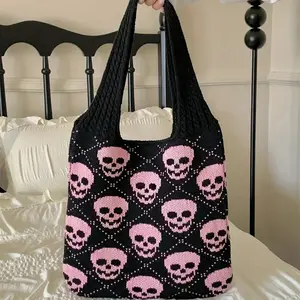 Stylish Skull Pattern Crochet Handbag, Crossbody Tote, Spacious Beach/shoulder Bag with Fixed Strap and Fabric Lining, Ideal Halloween Gift for Students