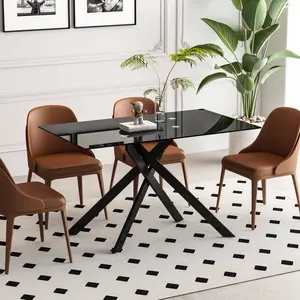 Modern Dining Table with 8mm Tempered Glass Top & Black Metal Legs 51 Inch Rectangle for Small Space Kitchen Apartment Space-Saving Design Durable Easy to Clean