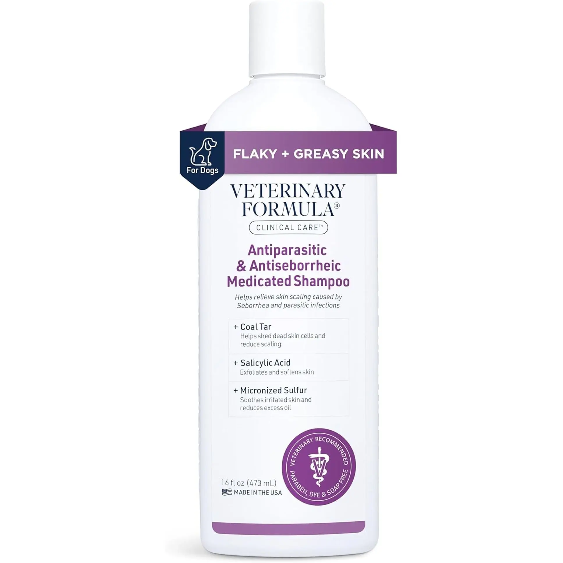 Veterinary Formula Clinical Care Antiparasitic and Antiseborrheic Medicated Dog Shampoo, 16 oz – Paraben-Free, Dye-Free, Soap-Free Hydrating and Antifungal Solution for Dogs