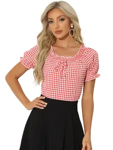 INSPIRE CHIC Peasant Round Neck Ruffles Puff Sleeve Gingham Plaid Blouse Top