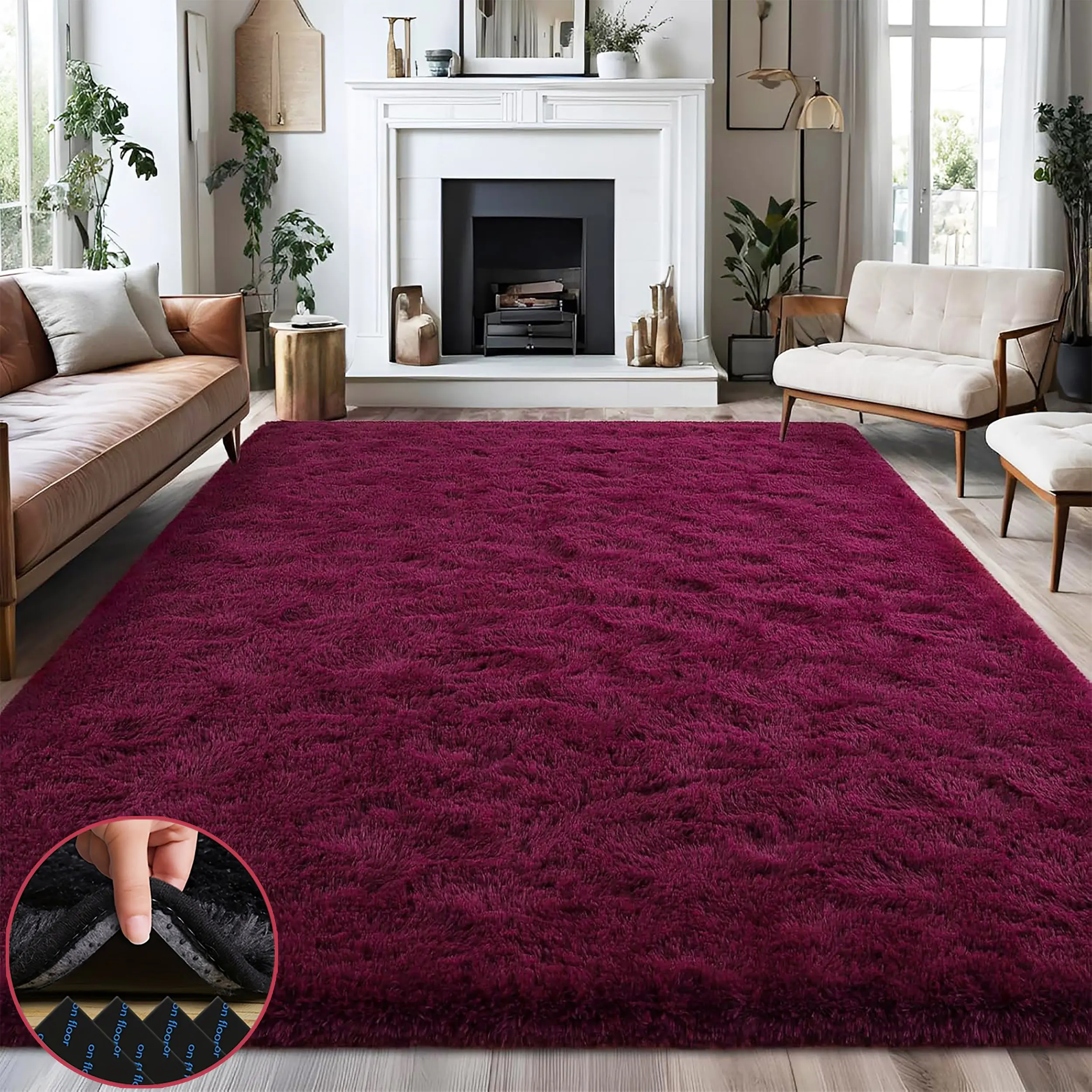 【Back To School】 BLIOWL Burgundy Red Furry Shaggy Area Rug - Super Soft Polyester Rug, Upgraded Anti-Slip Bottom, Modern Thick Silky Room Accessories, 4 Carpet Stickers Included, Ideal for Living Room Bedroom, Dry Clean Only, Multi Sizes，Deals For You