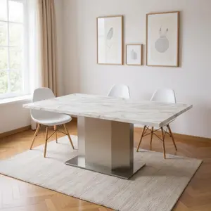 212 MAIN 79 in. Rectangular Marble & Stainless Steel Pedestal Base Dining Table - 2-Tone Hue (Gray, White, Silver), Contemporary Style, Fixed Mechanism, Seats 6, Requires Assembly, Model 555154, Seats Six, Two-Tone Hue