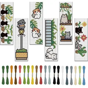 Cartoon Cat & Plant Pattern Cross Stitch Kit, 6pcs/set DIY Cross Stitch Kit with Random Color Accessories, Embroidery Craft, Handicraft, Cross Stitch Kit for Beginners, Handmade Gifts