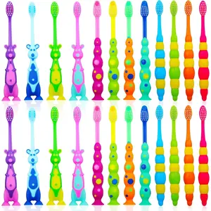 24 Pieces Toddler Toothbrush Bulk Kids Toothbrush Pack Manual Baby Toothbrushes with Covers Suction Cup Toothbrush Lovely Soft Bristle Animal Toothbrush for Kids Sensitive Teeth