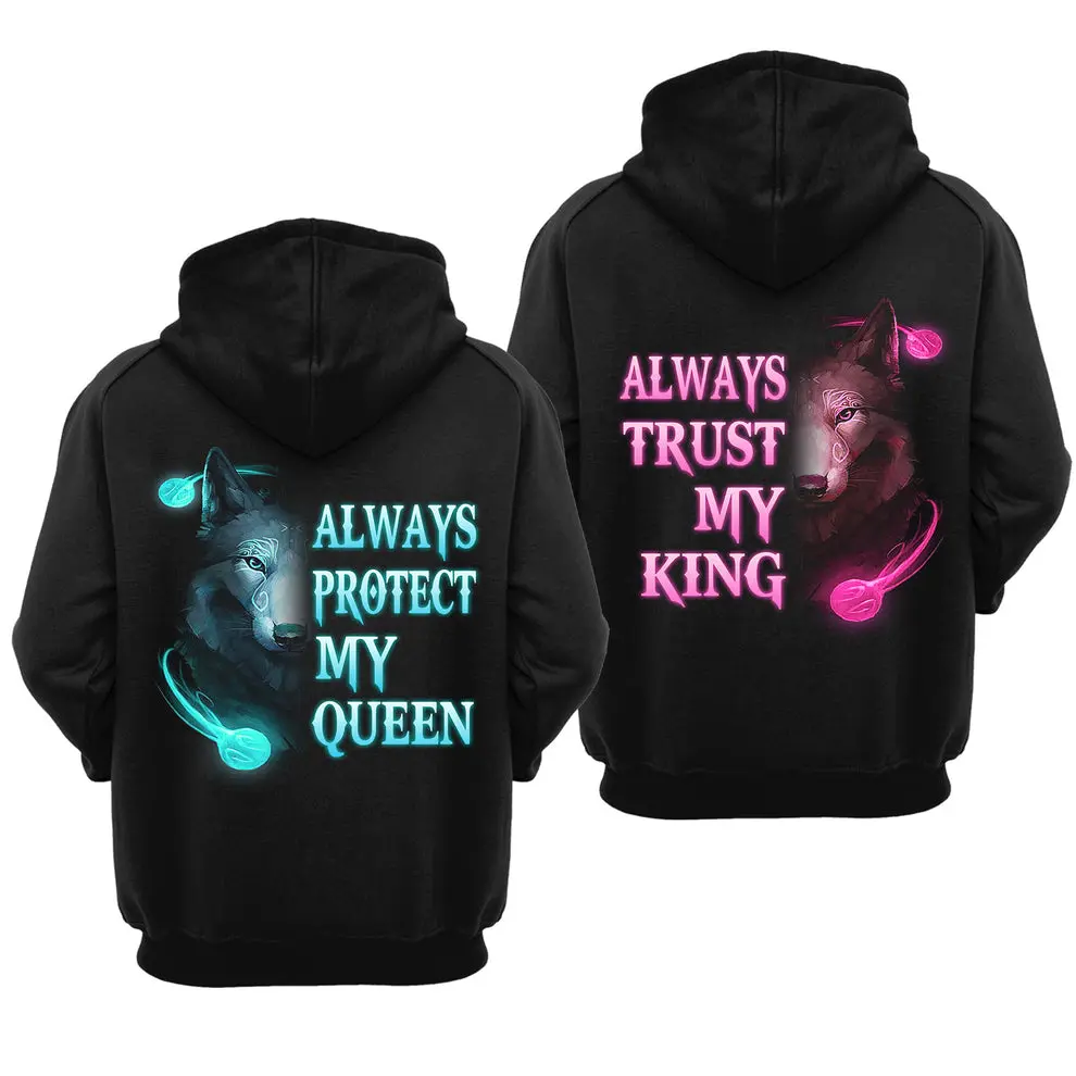 Cool Wolf Always Trust My King Always Protect My Queen Valentine Gift Couple Matching Hoodie, Sweatshirt, T-Shirt