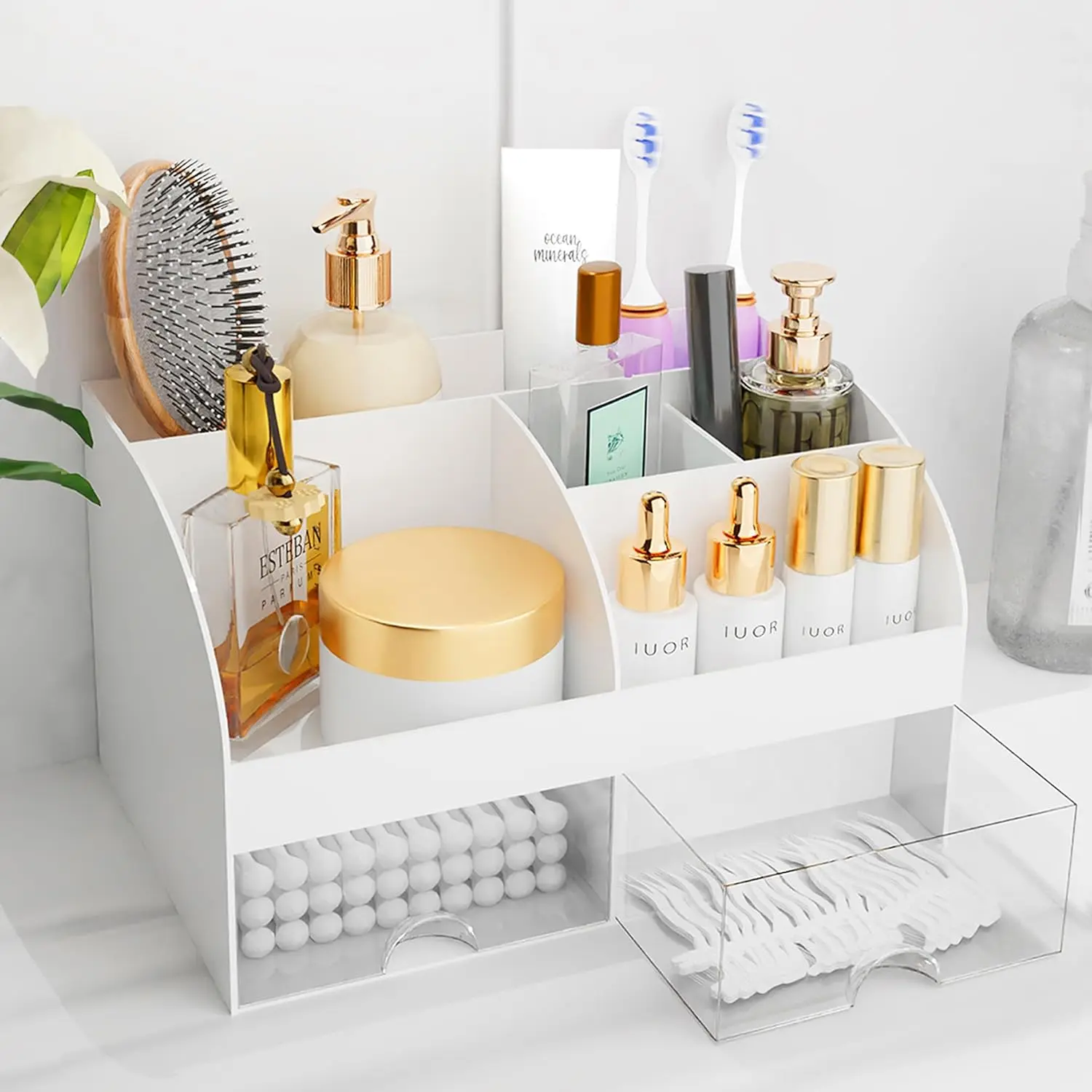 Elegant White Bathroom Organizer with Multiple Compartments for Haircare and Makeup Essentials
