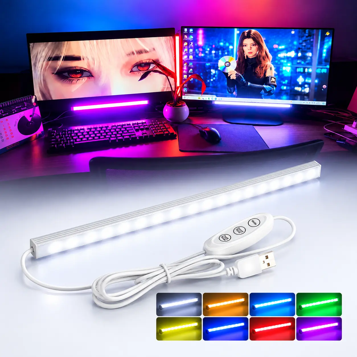 RGB Light Bar for Monitor & Desk - 8 Color Changing Modes, Magnetic Installation, Dimmable USB Backlight, Gaming Keyboard Accessory, Indoor Mood Lighting Desk Accessory, Geek Gift for Indoor Use