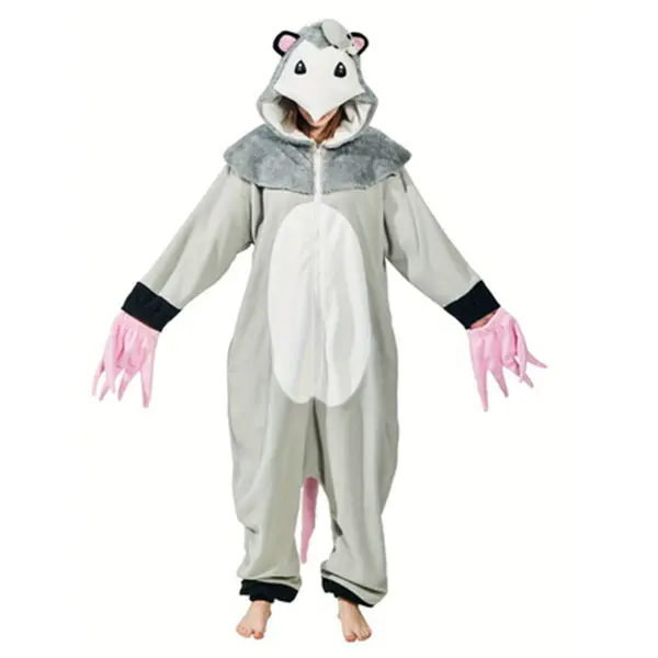 Women's Opossum Print Onesie, Long Sleeve Polyester Knitting Loungewear with Pockets for Halloween Cosplay, Unisex Fit Jumpsuit, Funny, Zip, Front Zipper, Playful, Holiday, Nightwear, Clothes, Unisex Sizing, Washed Look, Cartoon, Character Play Onesies