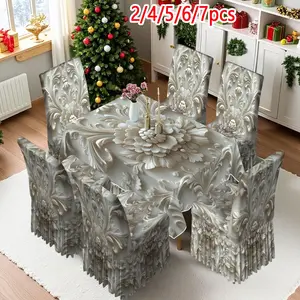2/4/6/5/7 pieces of fashionable and high-end dining chair slipcover and tablecloth sets, thickened chair cover and tablecloth sets (1 tablecloth + 4 chair covers or 1 tablecloth + 6 chair covers), easy to care for, reusable, for home decoration