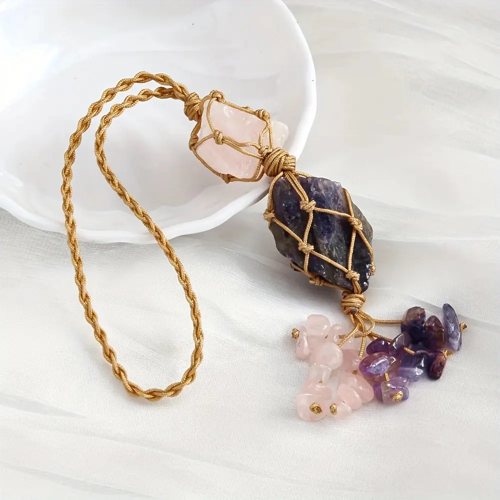 Handmade Macrame Crystal Keychain, Natural Wrapped Raw Gemstone Tassel Charm for Purse, Backpack & Car, Spiritual Protection Positive Energy Boho Gift for Women