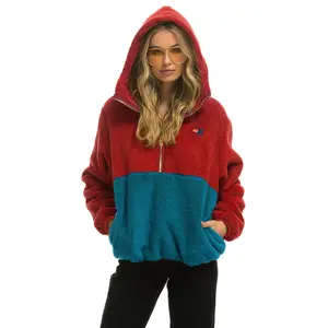 TEDDY UNISEX HOODED HALF ZIP COLOR BLOCK JACKET - CHERRY
