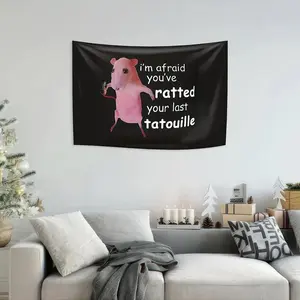 Funny Pink Rat Flag Tapestry - "I'm Afraid You've Ratted Your Last Tatouille" Humorous Wall Hanging Decor, Premium Polyester Fabric, No Power Needed, Multiple Sizes for Bedroom, Dorm, Office & Party Decor