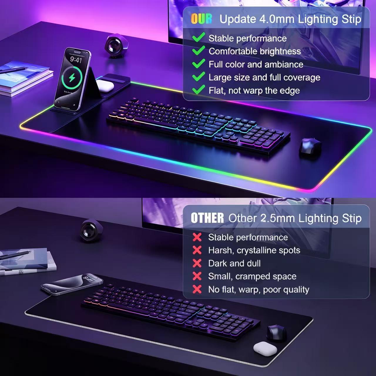 Large LED Desk Mat, RGB Gaming Mouse Pad with Wireless Charging & Phone Stand, Multiple RGB Lighting Modes, Fast Charging for iPhone & AirPods, Non-Slip Base, Smooth Waterproof Surface, Desk Decor for Gamers, Home & Office Essentials