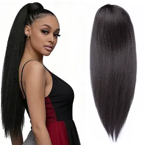 30-inch Extended Yaki Ponytail Hair Piece, Jet Black Straight Style. Made of heat-resistant synthetic fibers, it's a clip-in hair extension specially designed for women.