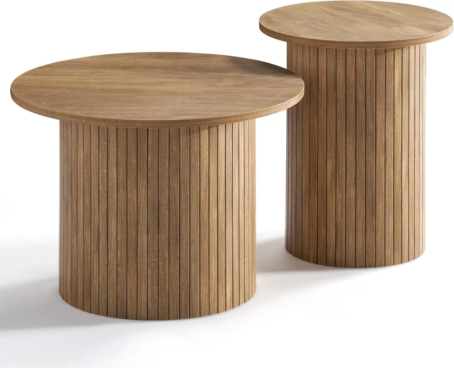 AMERLIFE Nesting Coffee Table Set of 2, Mid Century Modern Round Coffee Table, Wood Slat Side Table Set for Living Room, Office, Balcony AMERLIFE Nesting Coffee Table Set of 2, Mid Century Modern Round Coffee Table, Wood Slat Side Table Set for Living Room, Office, Balcony