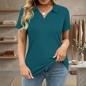 Women's Plus Size Collared V-Neck Shortsleeve Polo Shirts - Stretch, Comfortable, Breathable Fabric Business Casual Women's Tops for Office Work, Daily Wear (XL-5XL)