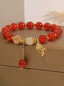 New Agate Hetian Jade Leaf Zircon Bracelet for Women, Handmade Beaded Craft, Durable and Not Loose, Smooth Polished Beads