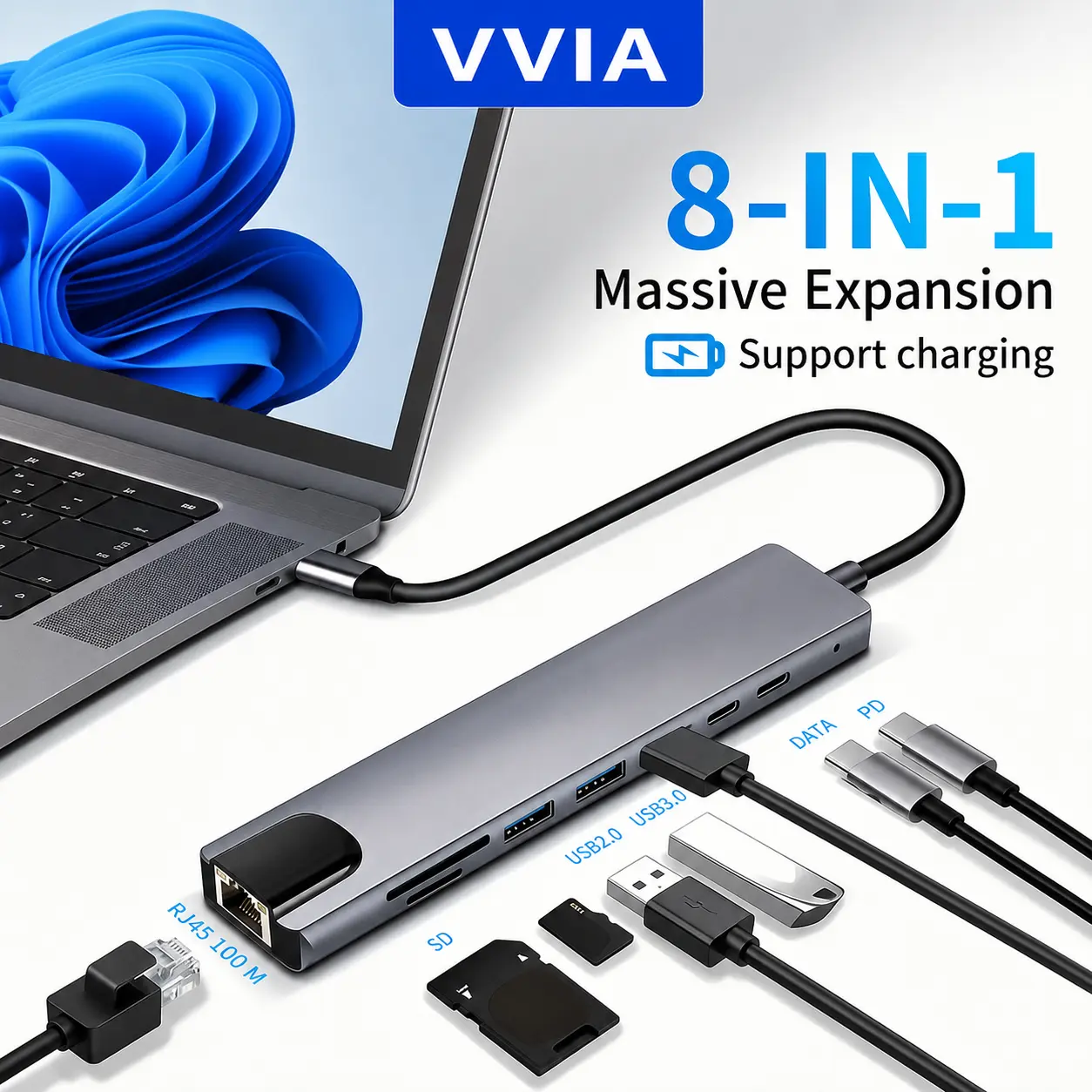 1pc 8-in-1 USB-C Hub, 4K HDTV Adapter with USB-C, RJ45 Ethernet, SD/TF Card Reader, USB 2.0/3.0 Ports, PD 100W Charging, Type-C to HDTV Connection for Laptops