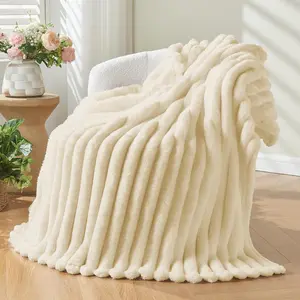 Soft Flannel Fleece Blanket Throw, 3D Ribbed Jacquard Lightweight Cozy Throw Blankets, All Season Bedding for Sofa, Couch, Bed, Camping, Travel
