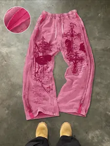 Men's Casual Loose Cotton Sport Pants, Skull Cross Print, Drawstring Waist, Long Regular Fit, Street Style, Ideal for Daily Wear, Sports Casual Pants