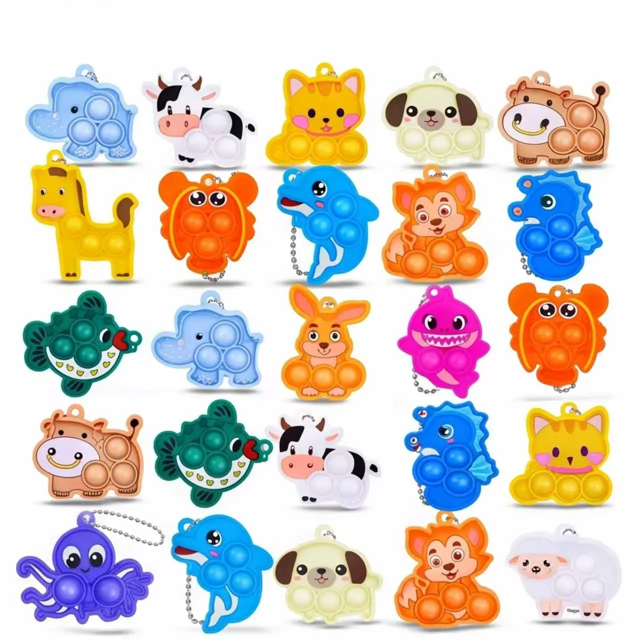 12PCS Cute Silicone Unisex Animal & Ocean Theme Pop Fidget Keychains, Kids' Party Favors, Classroom Rewards, Stress Relief Mini Toys, Goodie Bag Stuffers