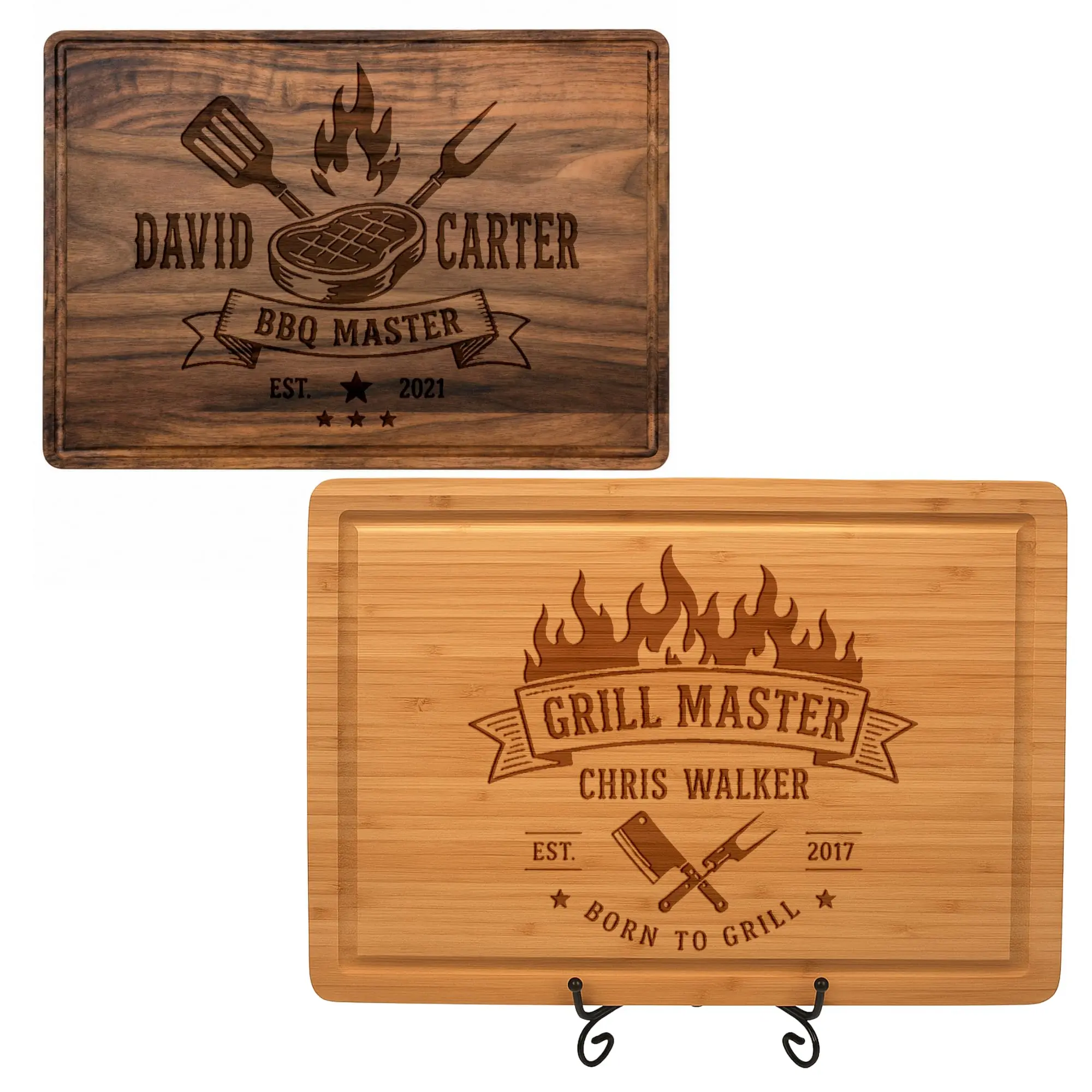 Personalized BBQ Cutting Board Gift for Dad Grandpa | Custom Engraved Walnut & Bamboo Wood | Small Medium Large XL | Handmade in USA