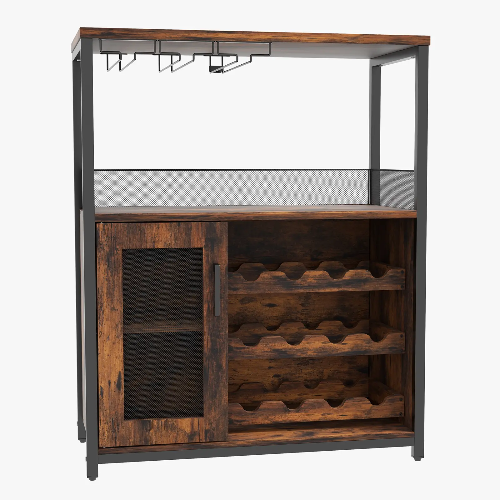 3-layer bar cabinet with detachable wine rack - LED lighting, glass bracket, adjustable rack, mesh door - compact wine cabinet for dining room, living room, kitchen