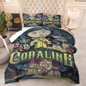 Coraline Themed Bedding Set,Comforter Set,Including 1 Quilt and 1 or 2 Pillowcases without Pillows,Suitable as a Gift for Children,Teenagers and Adults,Soft and Warm Retro Bedroom Decoration