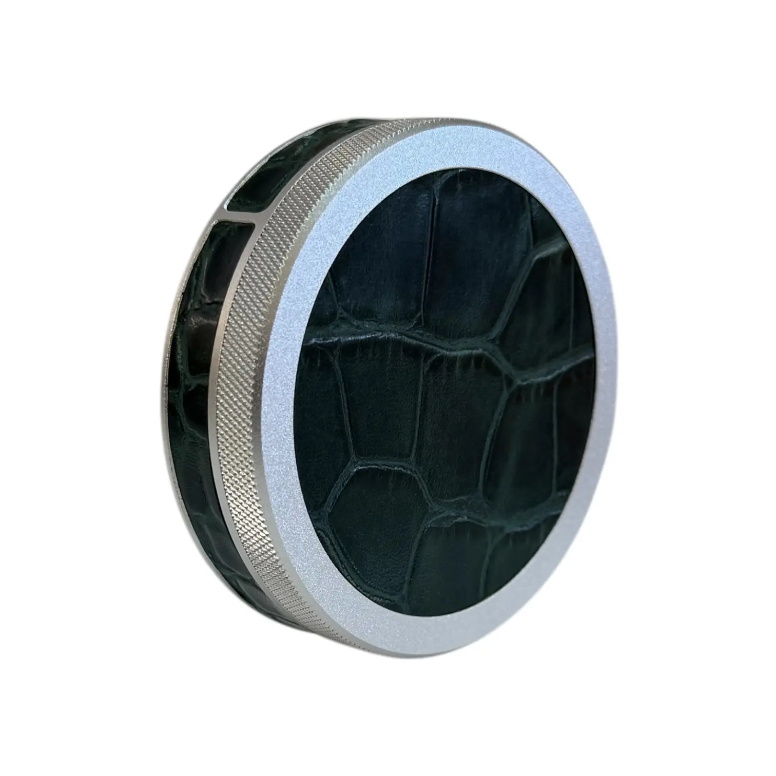 Silver on Green Embossed Croc Ruk Can Slim | EDC Storage Can | Airtight Seal for Freshness | 100% Genuine Leather Top & Band | Travel Essentials | Aluminum Metal Canister