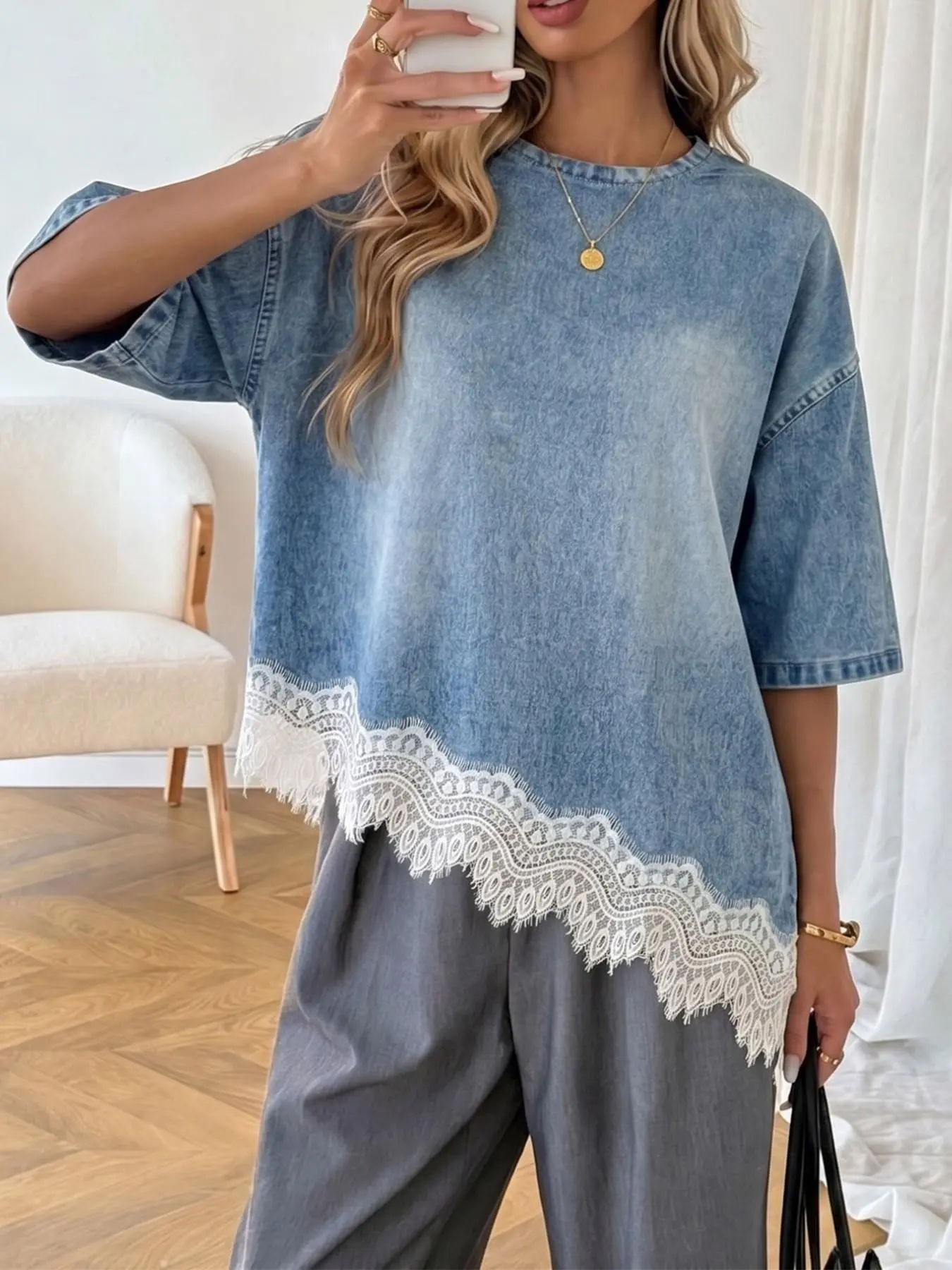 Women's Loose Fit Light Wash Denim T-Shirt Basic, Elegance, Casual Everyday Drop Shoulder Short Sleeve Top, Lace Wave Hem, Round Neck, Street Style Streetwear, Summer Wear, Casual Comfy Clothes, Casual Comfy Tee