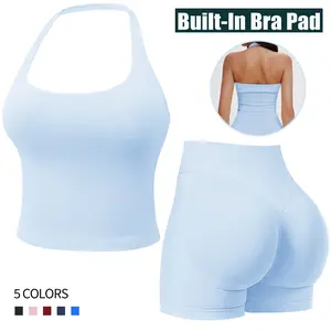 Original Workout Sets for Women 2 Piece, Gym Outfits Seamless Longline Halter Backless Crop Top Scrunch Bum Shorts Tracksuit  Women's 2 Piece Workout Set Backless Halter Top & Scrunch Butt Lift Shorts Seamless Sporty Clothes S