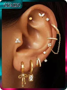 ORAZIO 14K Gold Plated Silver Huggie Hoop Stud Earrings Set for Women Hypoallergenic Cartilage Piercing Jewelry Multiple Piercing Earrings Stack with Chain & CZ Studs