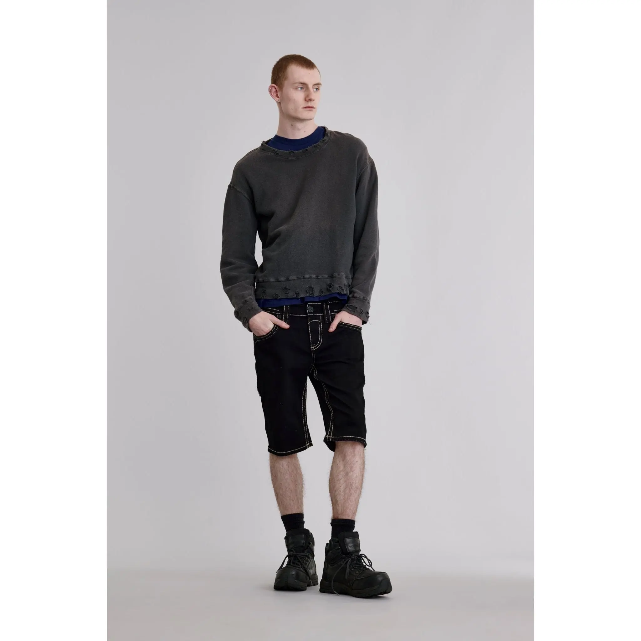 rr Men's Fitted Mid-Length Denim Leather Marion Casual Shorts, Menswear Bottoms with Embroidery, Plain Design, Pocket Detail, Versatile Outfits Piece for Streetwear