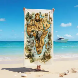 Oversized African Safari Animal Map Beach Towel for Adults - Quick Dry Sandproof Microfiber Pool Towel with Lion, Elephant, Giraffe & Zebra Design - Large Travel Essential for Men & Women